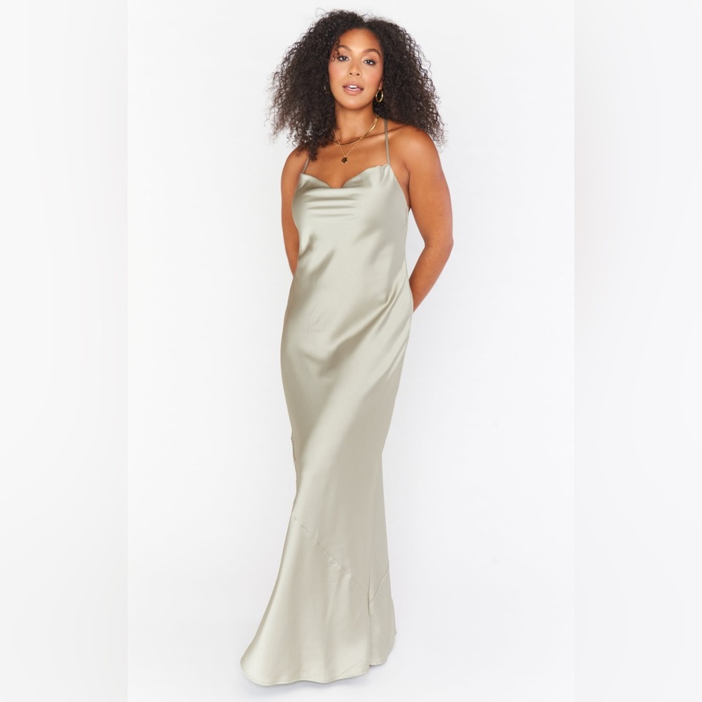 Show Me Your Mumu Tuscany maxi slip dress moss green luxe satin